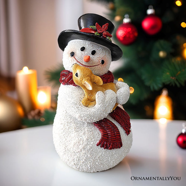 Enchanting Snowman and Fawn Home Holiday Decoration, 8" Tall Winter Woodland Deer Figurine Resin Statues OrnamentallyYou 