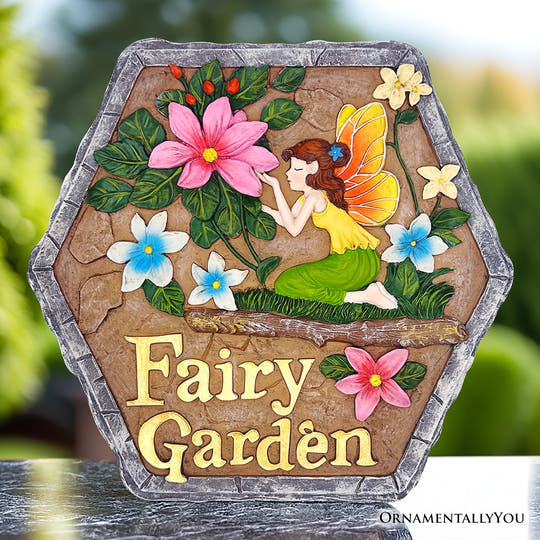 Fairy Kisses and Flowers Garden Stepping Stone, 9.5" Outdoor Decoration Statue Resin Statues OrnamentallyYou 