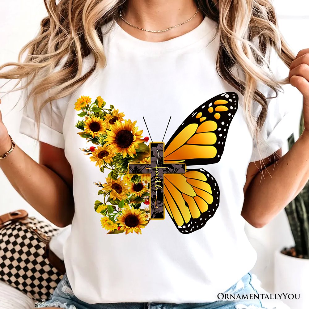 Faith Cross Butterfly T-Shirt, Christian Sunflower Floral Tee T-Shirts OrnamentallyYou 
