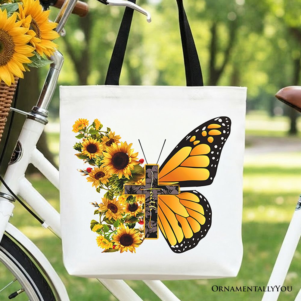 Faith Cross Butterfly Tote Bag, Christian Sunflower Floral Gift Shopper Tote Bag OrnamentallyYou Black Handle 