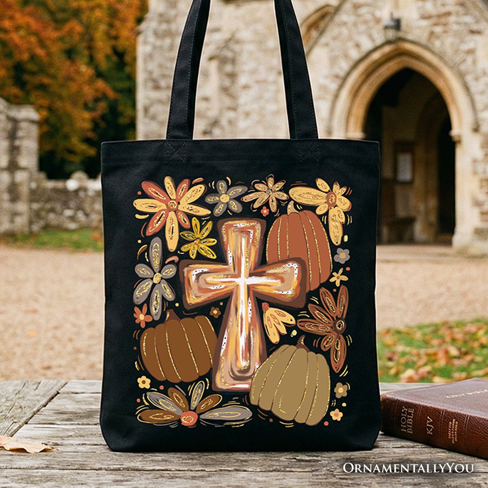 Fall Blessings Tote Bag, Autumn Christian Faith Gift Shopper Tote Bag OrnamentallyYou Black 