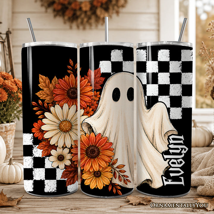 Fall Ghost Checkerboard 20oz Personalized Tumbler With Lid and Stainless Steel Straw, Floral Halloween Season Gift Cup