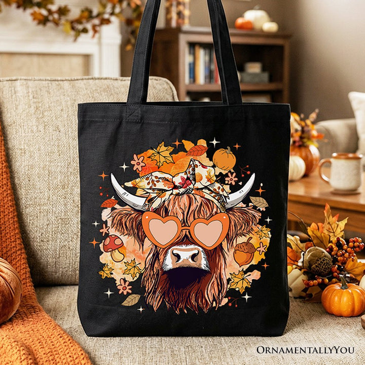 Fall Highland Cow Tote Bag, Messy Bun Howdy Gift Shopper with Autumn Vibes Tote Bag OrnamentallyYou Black 