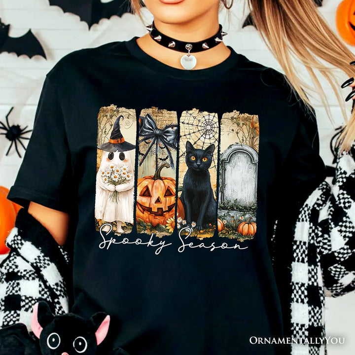 Fall Spooky Season Brushstroke T-Shirt, Coquette Vintage Ghost, Cat and Pumpkin Tee T-Shirts OrnamentallyYou 