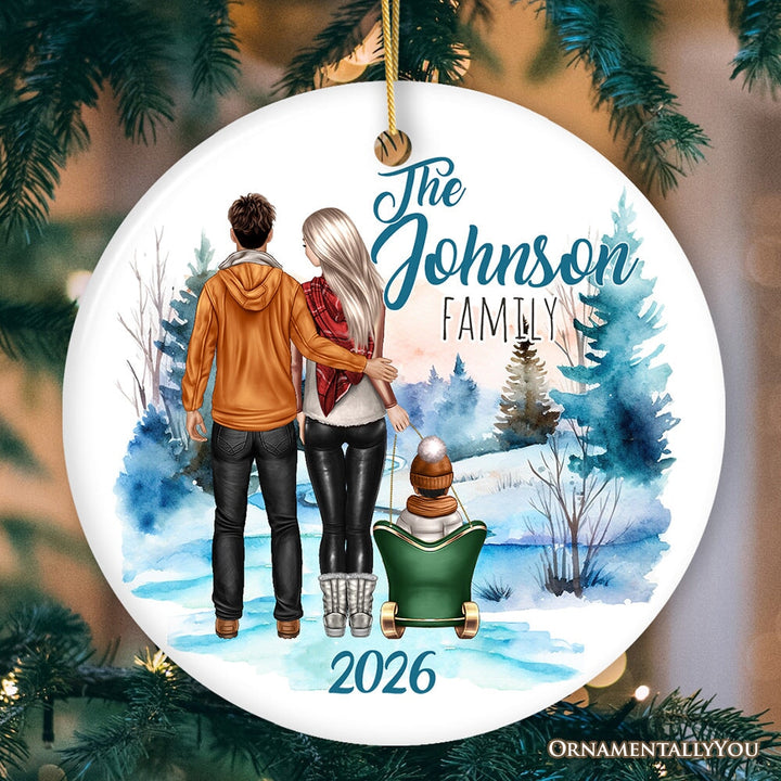 Family of Three Winter Holiday Personalized Gift, Parents & Baby on Sleigh Custom Christmas Ornament Ceramic Ornament OrnamentallyYou Circle 