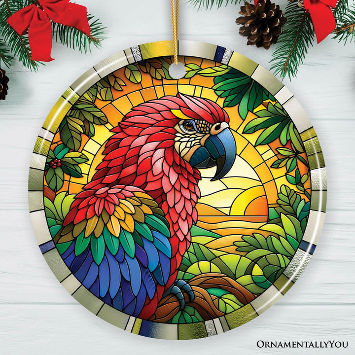 Feathered Friends Adventure Parrot Stained Glass Style Ceramic Ornament, Safari Animals Christmas Gift and Decor Ceramic Ornament OrnamentallyYou Circle 