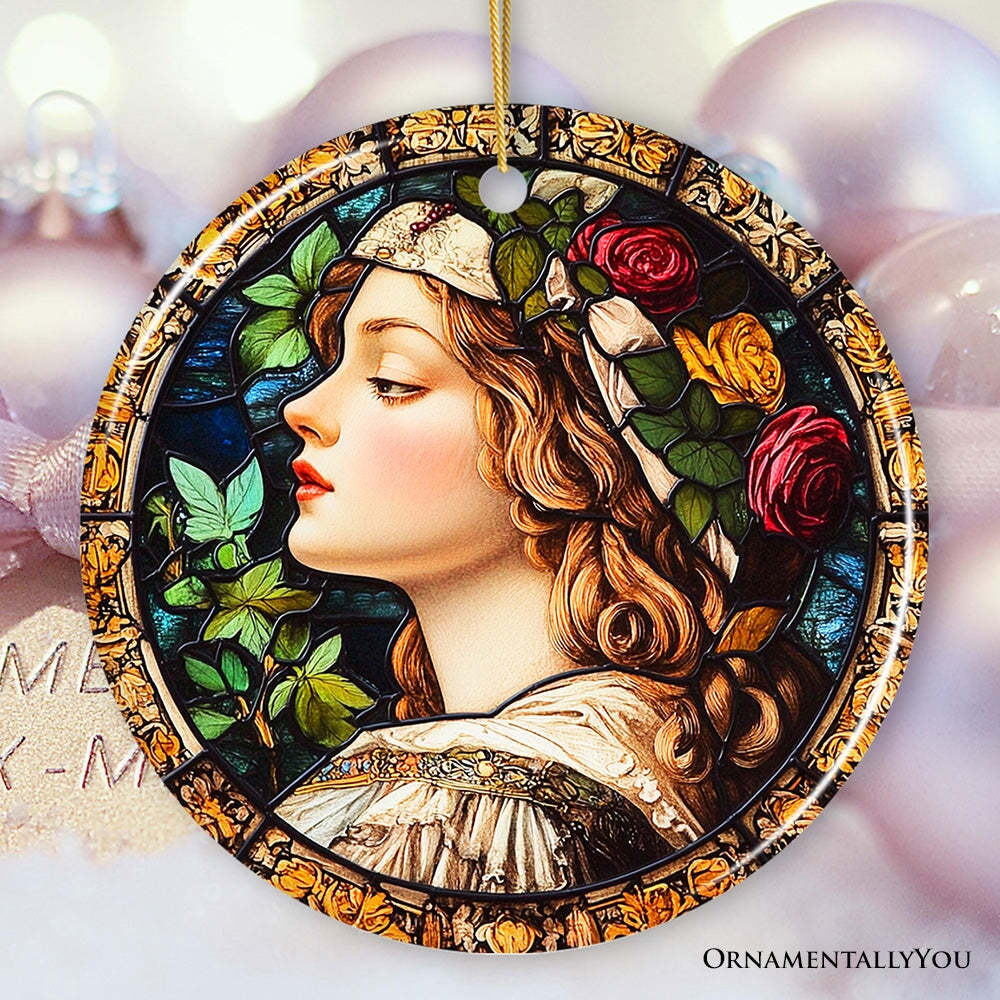 Feminine Beauty in Renaissance Italy Stained Glass Ornament, Artistic Medieval Christmas Gift Ceramic Ornament OrnamentallyYou Circle 