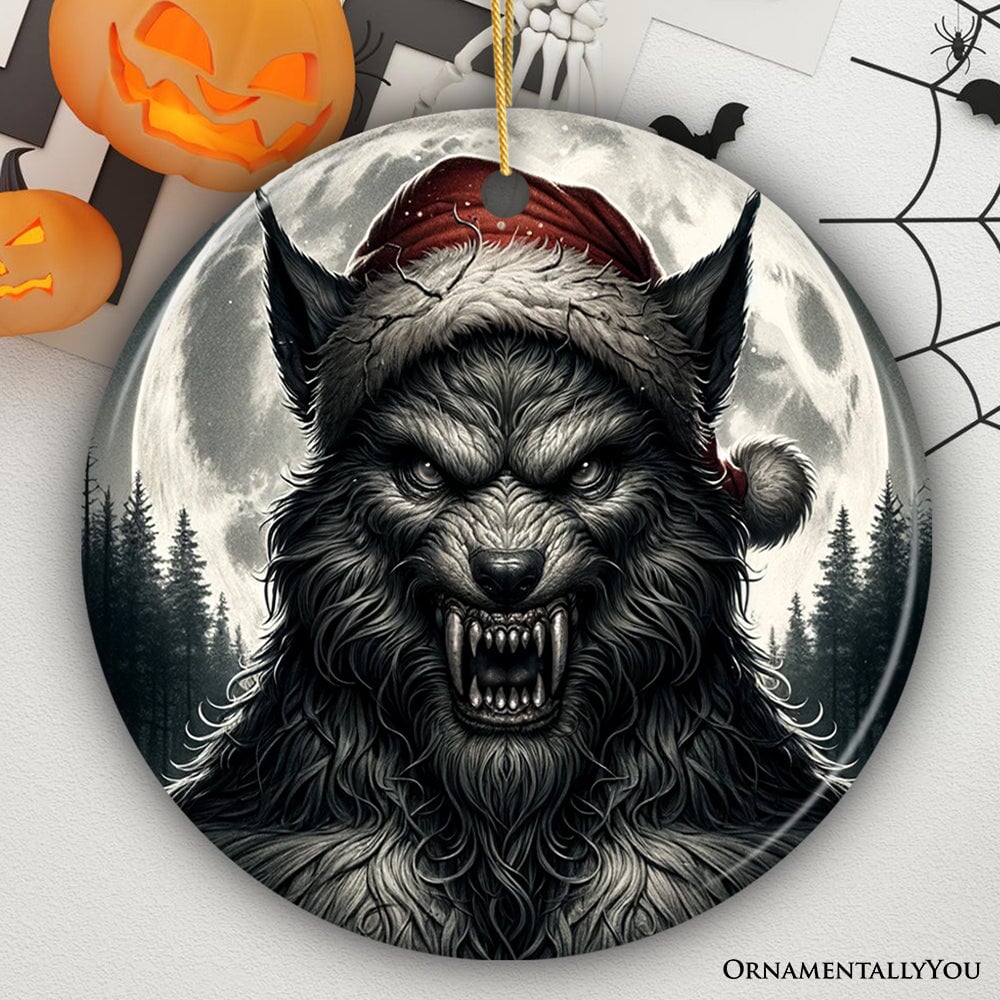 Ferocious Werewolf with Santa Hat Ornament, Terrifying Holiday Gift for Halloween Lovers Ceramic Ornament OrnamentallyYou Circle Version 1 