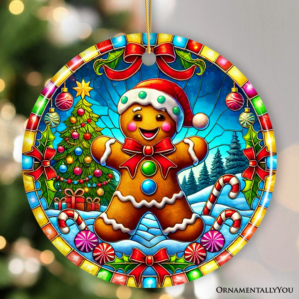 Festive Candyland Gingerbread Man Ornament, Sweet Christmas Gift Ceramic Ornament OrnamentallyYou Circle 