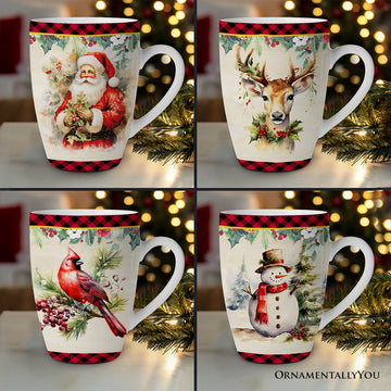 (Pre-Order) Festive Country Plaid Set of 4 Ceramic Mugs with Real Gold Trim, Christmas Kitchen Coffee Cup Gift with Santa, Cardinal, Deer, and Snowman Mug Sets OrnamentallyYou 