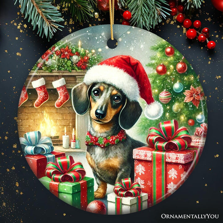 Festive Dachshund Delight Ornament, Joyful Gift and Decor for Christmas Tree Ceramic Ornament OrnamentallyYou 