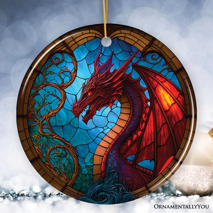 Fierce Dragon Stained Glass Style Ceramic Ornament, Unique Goth Tree Decor