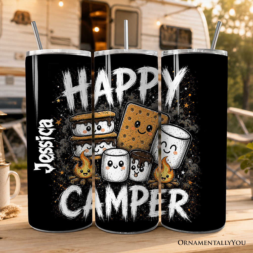 Fireside Snacks Happy Camper 20oz Personalized Tumbler With Lid and Stainless Steel Straw, Funny Outdoor Campfire Gift Cup