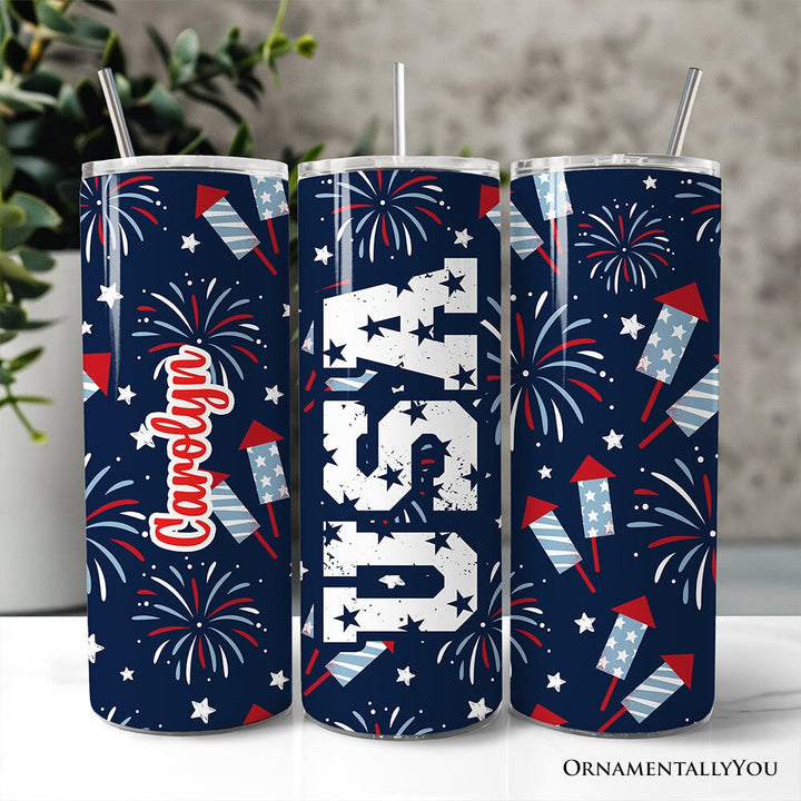 Fireworks USA Block Letters 20oz Personalized Tumbler With Lid and Stainless Steel Straw, Vintage July 4th Patriotic Gift Cup Tumbler OrnamentallyYou Customized 