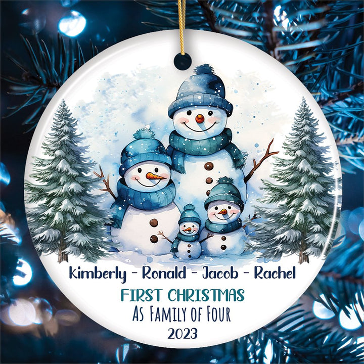 First Christmas Family of Four Personalized Ornament, Cute Artistic Snowmen Christmas Gift With Custom Names and Date Ceramic Ornament OrnamentallyYou 