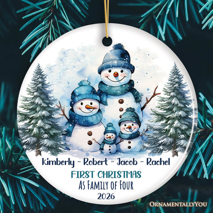 First Christmas Family of Four Personalized Ornament, Cute Artistic Snowmen Christmas Gift With Custom Names and Date Ceramic Ornament OrnamentallyYou Circle 