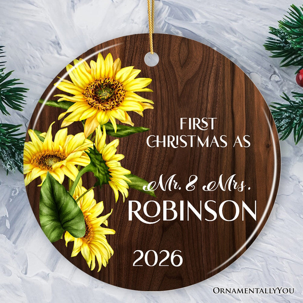 First Christmas as Mr and Mrs Rustic Sunflower Personalized Christmas Ornament, Wedding Couple Gift Ceramic Ornament OrnamentallyYou Circle 