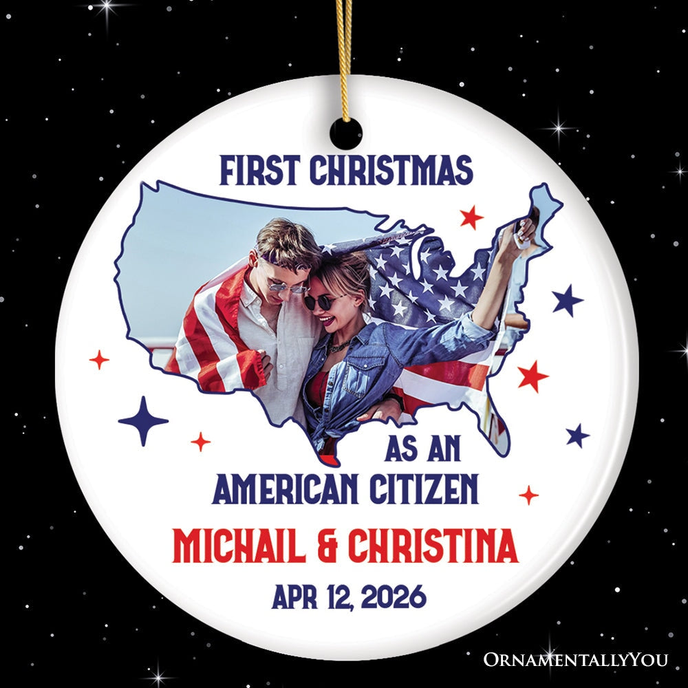 First Christmas as an American Citizen Personalized Photo Ornament, New Citizenship Gift Ceramic Ornament OrnamentallyYou Circle 