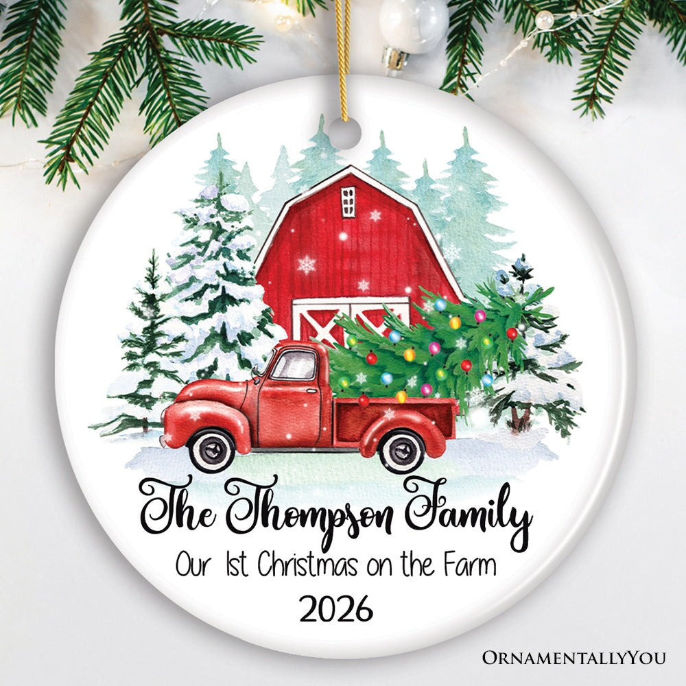 First Christmas on The Farm Personalized Ornament, Red Truck Housewarming Family Gift Ceramic Ornament OrnamentallyYou Circle 