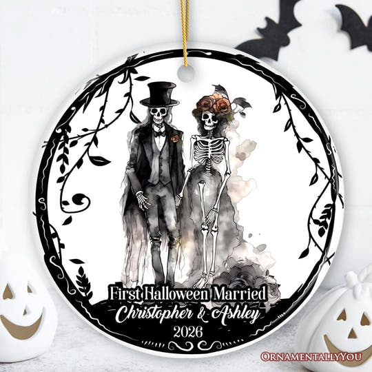 First Halloween Married Personalized Ornament, Mr And Mrs Skeleton Wedding Gift Ceramic Ornament OrnamentallyYou Circle 