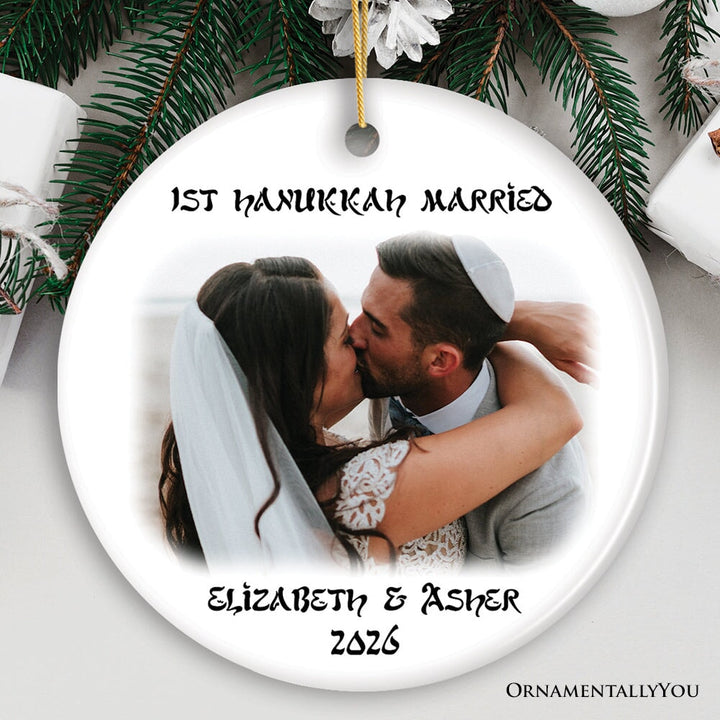 First Hanukkah Married Personalized Photo Ornaments, Engagement Gift Ceramic Ornament OrnamentallyYou Circle 