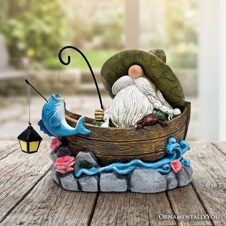 Fishing Gnome with Lantern Garden Statue, 6" Lighted Dwarf Figurine Outdoor Decor Resin Statues OrnamentallyYou 