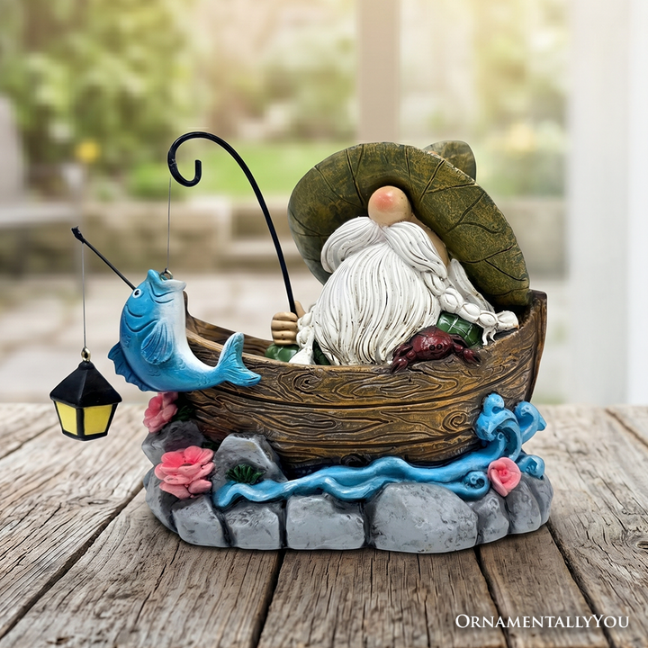 Fishing Gnome with Lantern Garden Statue, 6" Lighted Dwarf Figurine Outdoor Decor