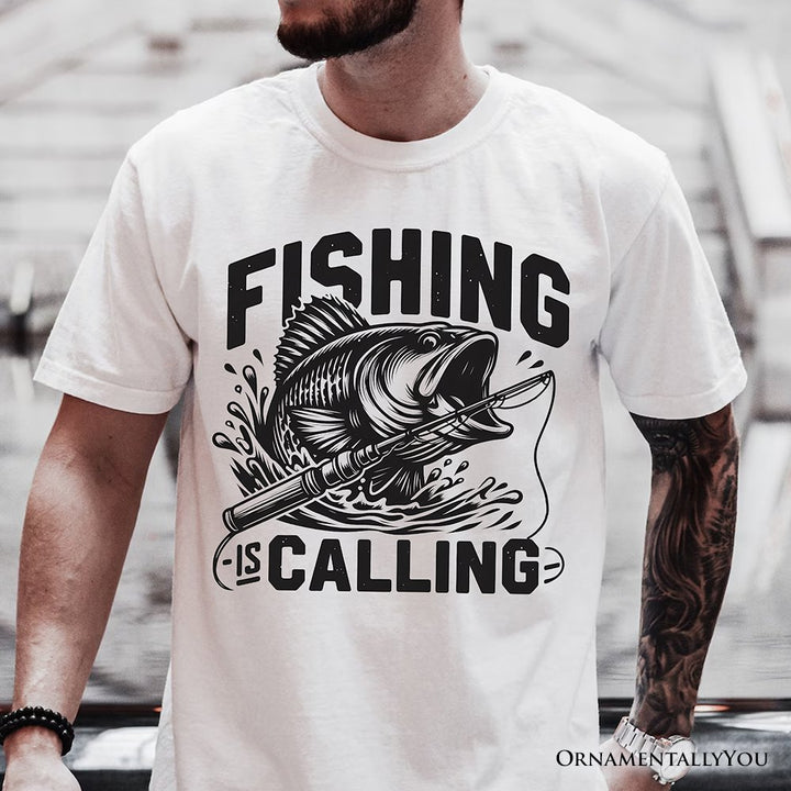 Fishing Is Calling T-Shirt, White Outdoor Tee for Fishermen Dads T-Shirts OrnamentallyYou 