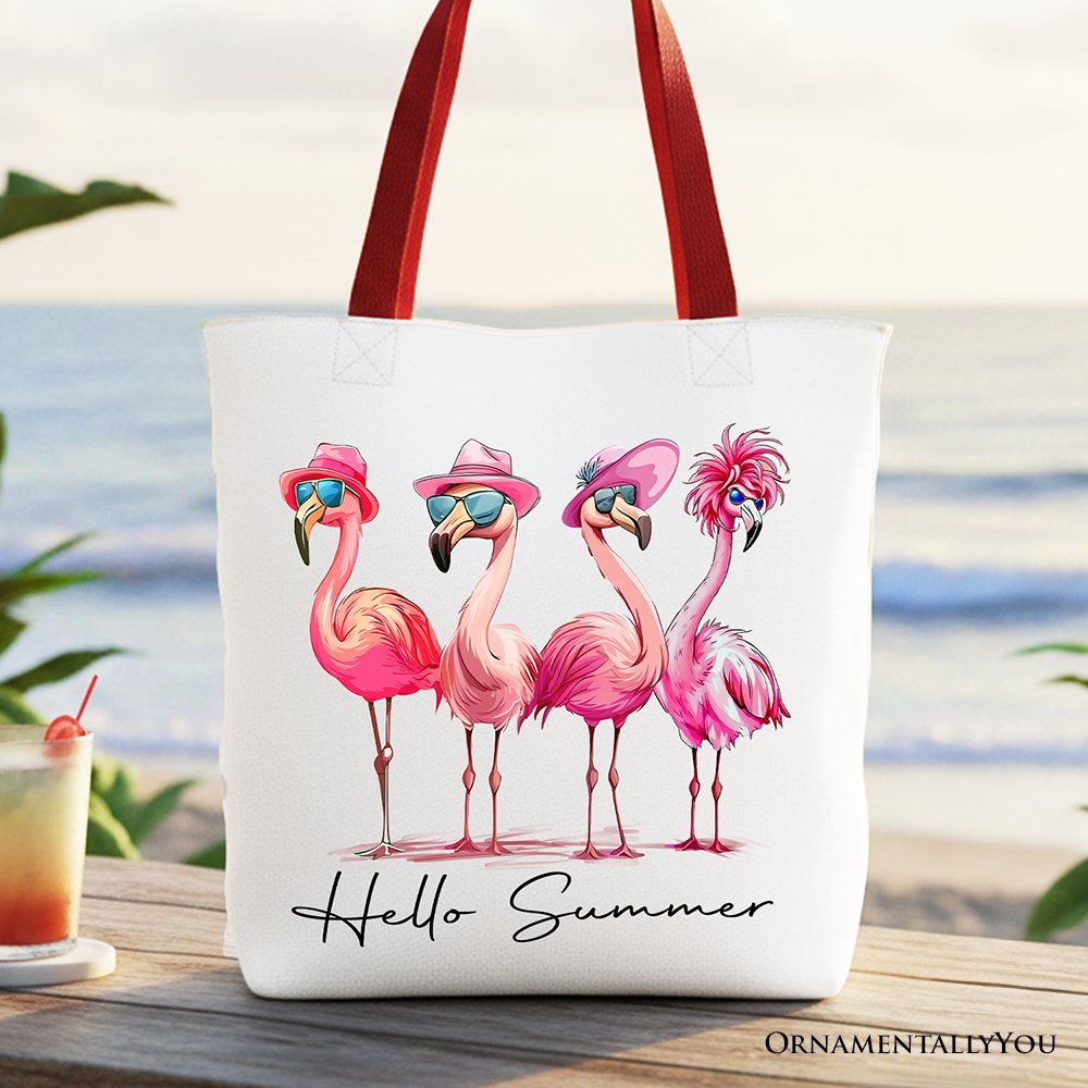 Flamingo Hello Summer Canvas Tote Bag, Retro Gift Shopper with Tropical Birds Tote Bag OrnamentallyYou Red Handle 