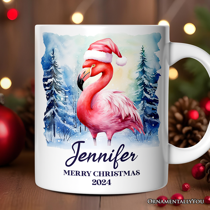 Flamingo with Santa Hat Personalized Mug, Winter Forest Christmas Gift With Custom Name and Date