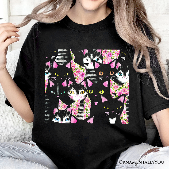 Floral Black And Pink Cats Pattern Cute T-Shirt, Kitten Collage Tee for Cat Lovers