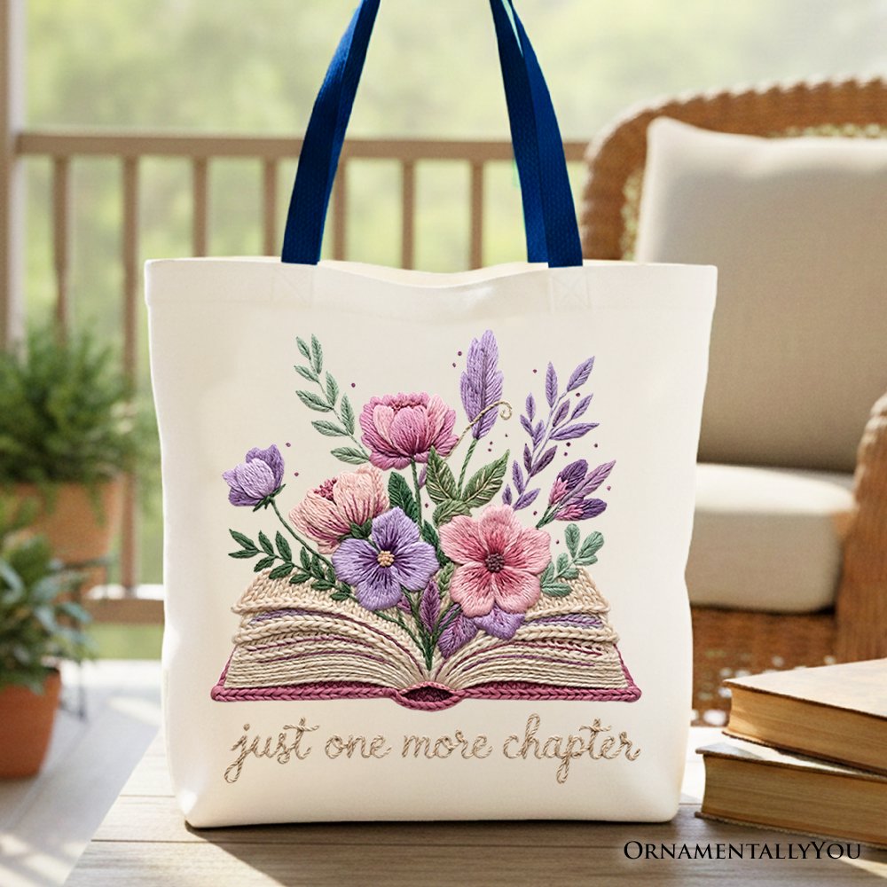 Floral Book Printed Faux Yarn Crochet Tote Bag, Just One More Chapter Bookworm Gift Shopper Tote Bag OrnamentallyYou Navy Handle 