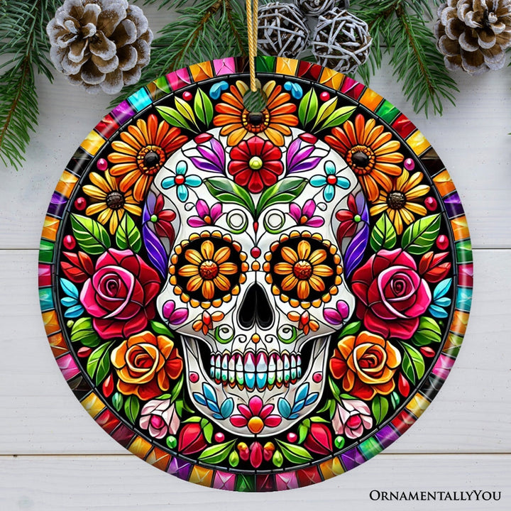 Floral Celebration Sugar Skull Stained Glass Style Ornament, Lush Blossom Christmas Gift and Decor Ceramic Ornament OrnamentallyYou Circle 