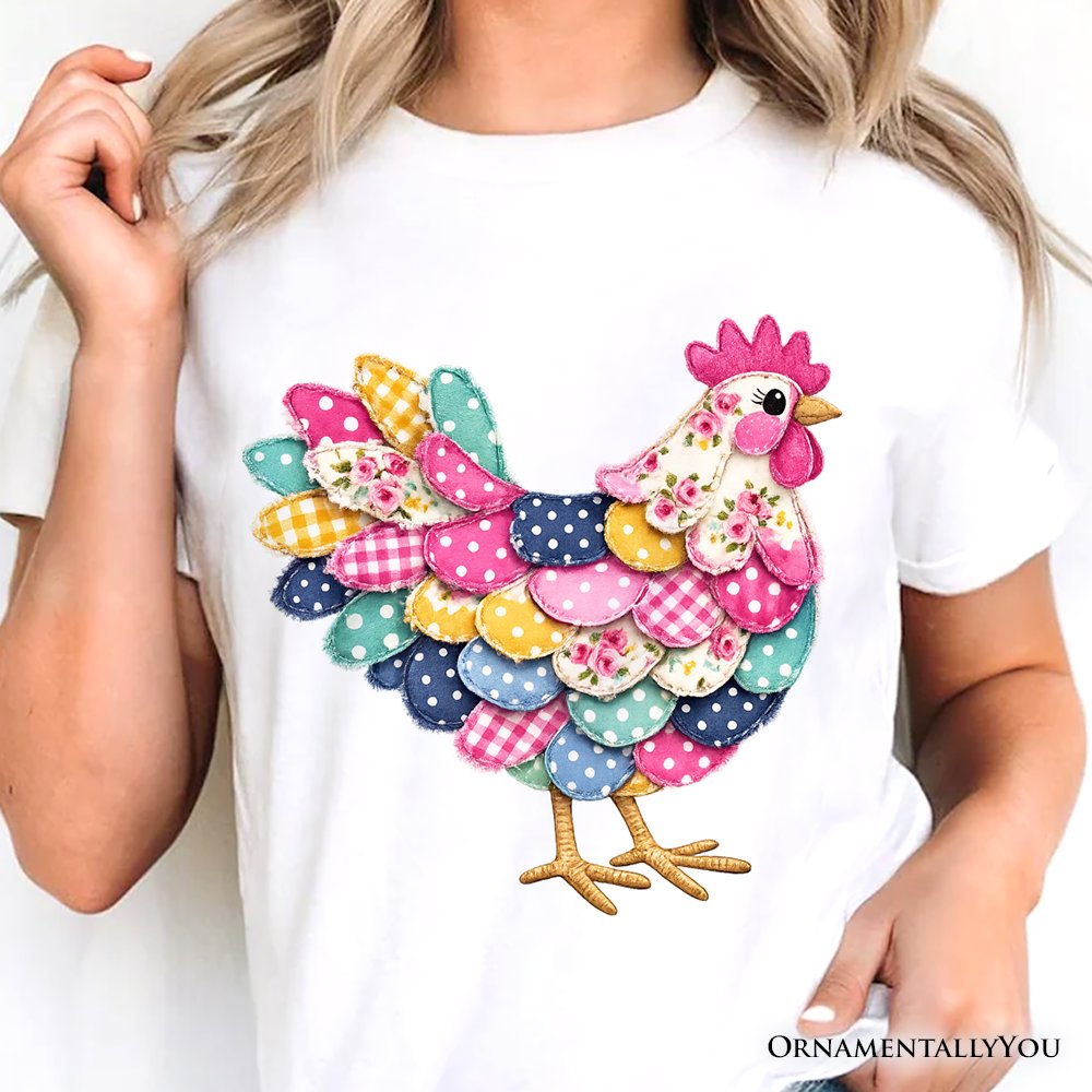 Floral Chicken Printed Faux Patchwork T-Shirt, Coquette Hen Farmhouse Tee T-Shirts OrnamentallyYou 