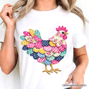 Floral Chicken Printed Faux Patchwork T-Shirt, Coquette Hen Farmhouse Tee T-Shirts OrnamentallyYou 