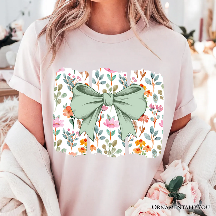 Floral Coquette Bow T-Shirt, Cute Spring Preppy Girly Flowers Tee