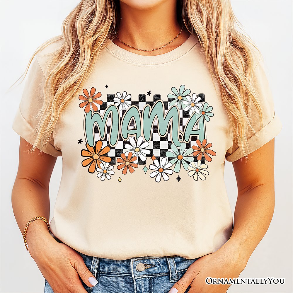 Floral Mama Checkered T-Shirt, White, Natural and Black Retro Tee for Stylish Mothers T-Shirts OrnamentallyYou 