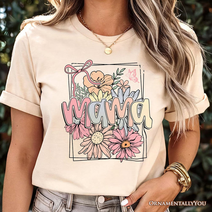 Floral Mama Coquette Bow Pastel T-Shirt, White and Natural Boho Tee With Spring Flower T-Shirts OrnamentallyYou 