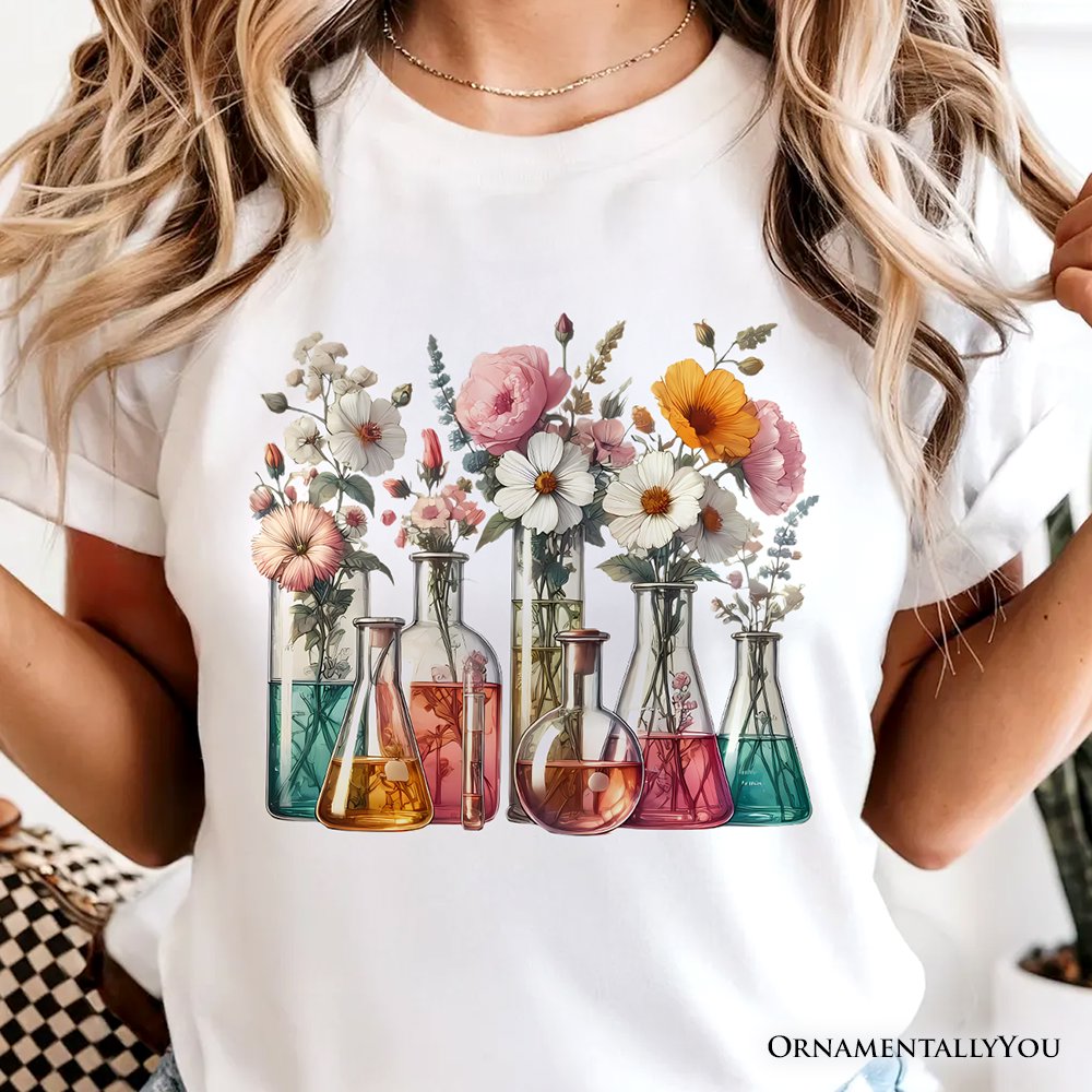 Floral Science Lab Beakers T-Shirt, Flowers Chemistry Scientist Tee T-Shirts OrnamentallyYou 