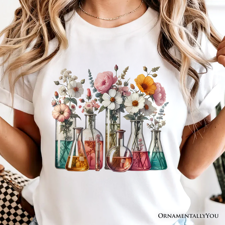Floral Science Lab Beakers T-Shirt, Flowers Chemistry Scientist Tee