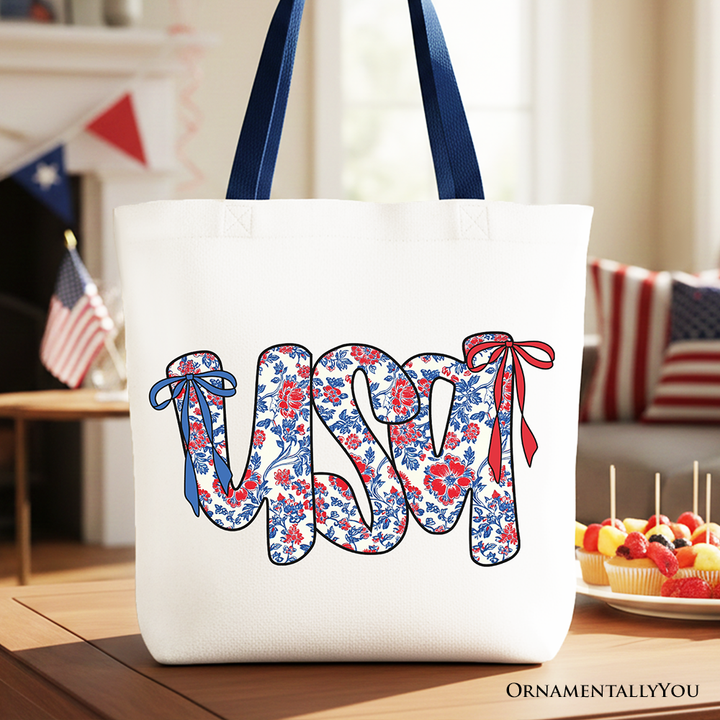 Floral USA Patriotic Canvas Tote Bag, 4th of July Gift Shopper for Stylish Women