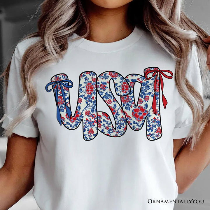 Floral USA Patriotic T-Shirt, 4th of July White, Natural and Black Tee for Stylish Women T-Shirts OrnamentallyYou 