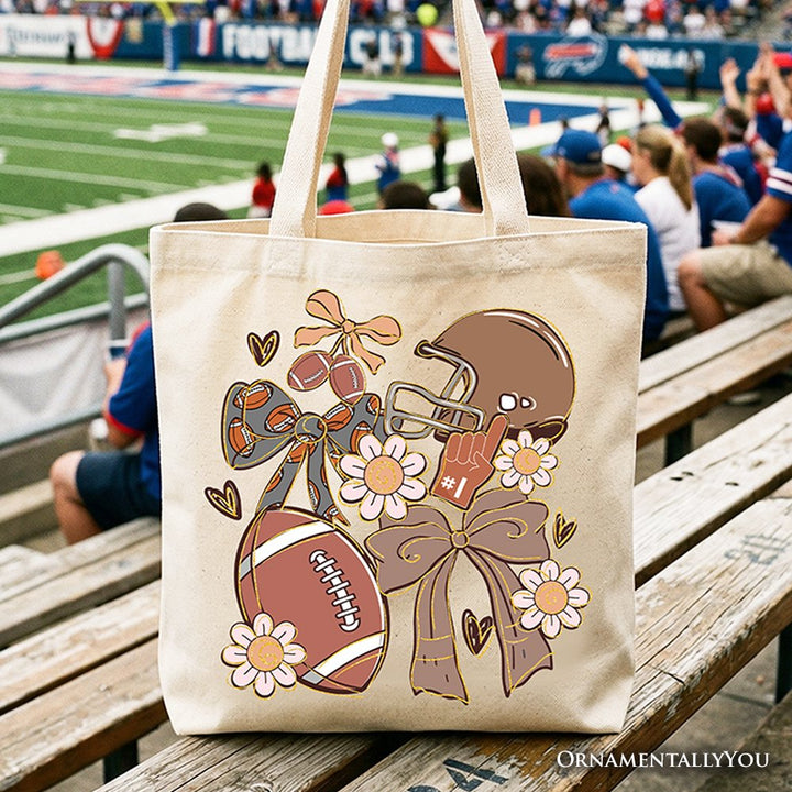 Football Mom Coquette Bow Daisy Tote Bag, Retro Fall Game Day Preppy Gift Shopper Tote Bag OrnamentallyYou Beige 
