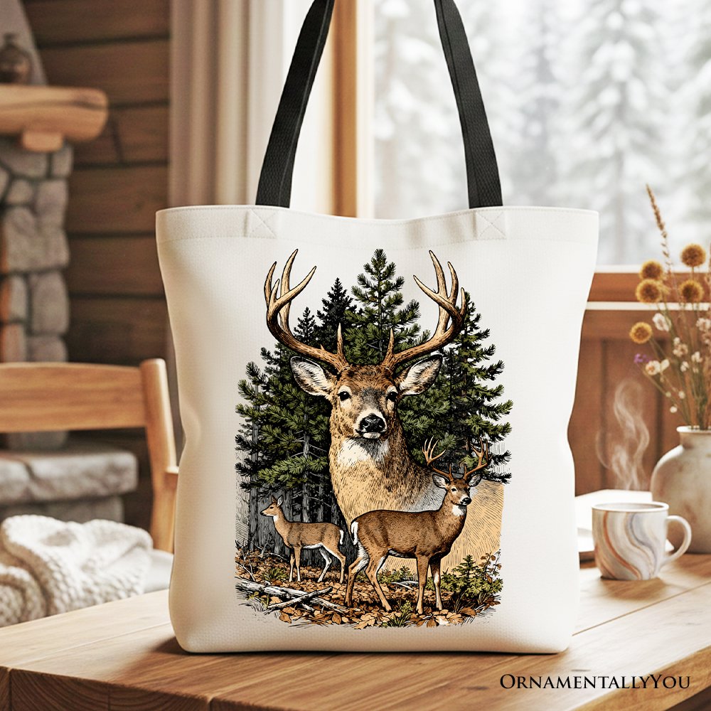 Forest Deers Vintage Grunge Canvas Tote Bag, Retro Hunter Gift Shopper Tote Bag OrnamentallyYou Black Handle 
