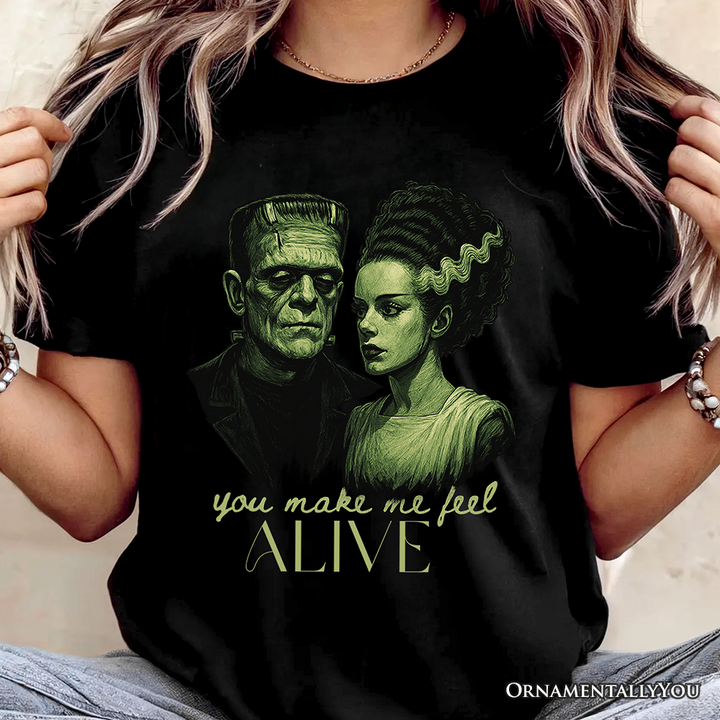 Frankenstein And Bride You Make Me Feel Alive T-Shirt, Valentine Retro Horror Couples Love Tee