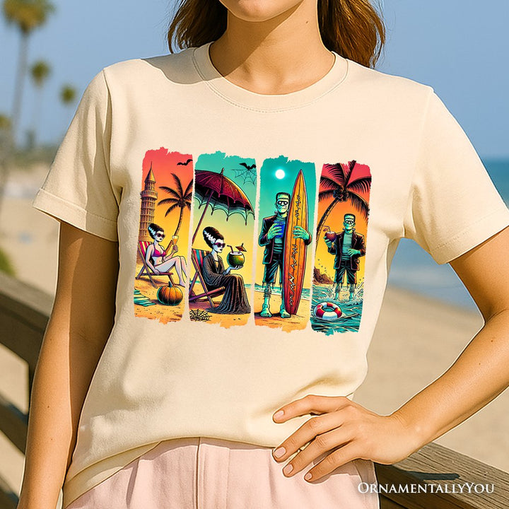 Frankenstein's Beach Vacation T-Shirt, Retro Neon Surf Style Tee for Horror Fans with Summer Vibes T-Shirts OrnamentallyYou 