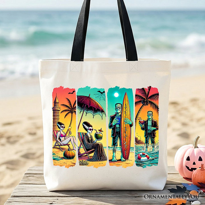 Frankenstein's Beach Vacation Tote Bag, Retro Neon Surf Style Gift Shopper for Horror Fans with Summer Vibes Tote Bag OrnamentallyYou Black Handle 