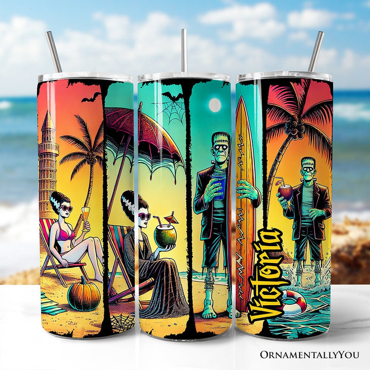 Frankenstein's Summer Beach Vacation 20oz Personalized Tumbler With Lid and Stainless Steel Straw, Retro Horror Neon Surf Gift Cup Tumbler OrnamentallyYou Customized 