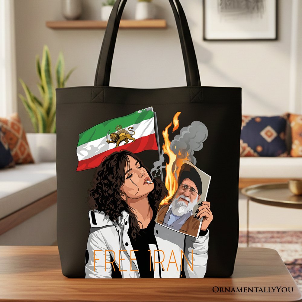 Free Iran Protest Canvas Tote Bag, Lion and Sun Flag Persian Freedom Activist Gift Shopper OrnamentallyYou Black 