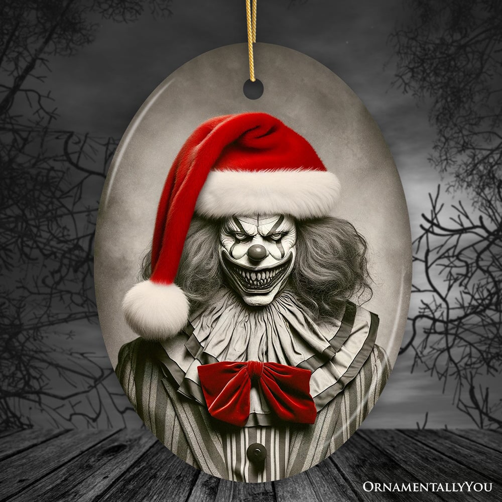 Frightening Clown with Santa Hat Ornament, Terrifying Holiday Keepsake for Spooky Tree Decor Ceramic Ornament OrnamentallyYou Oval 